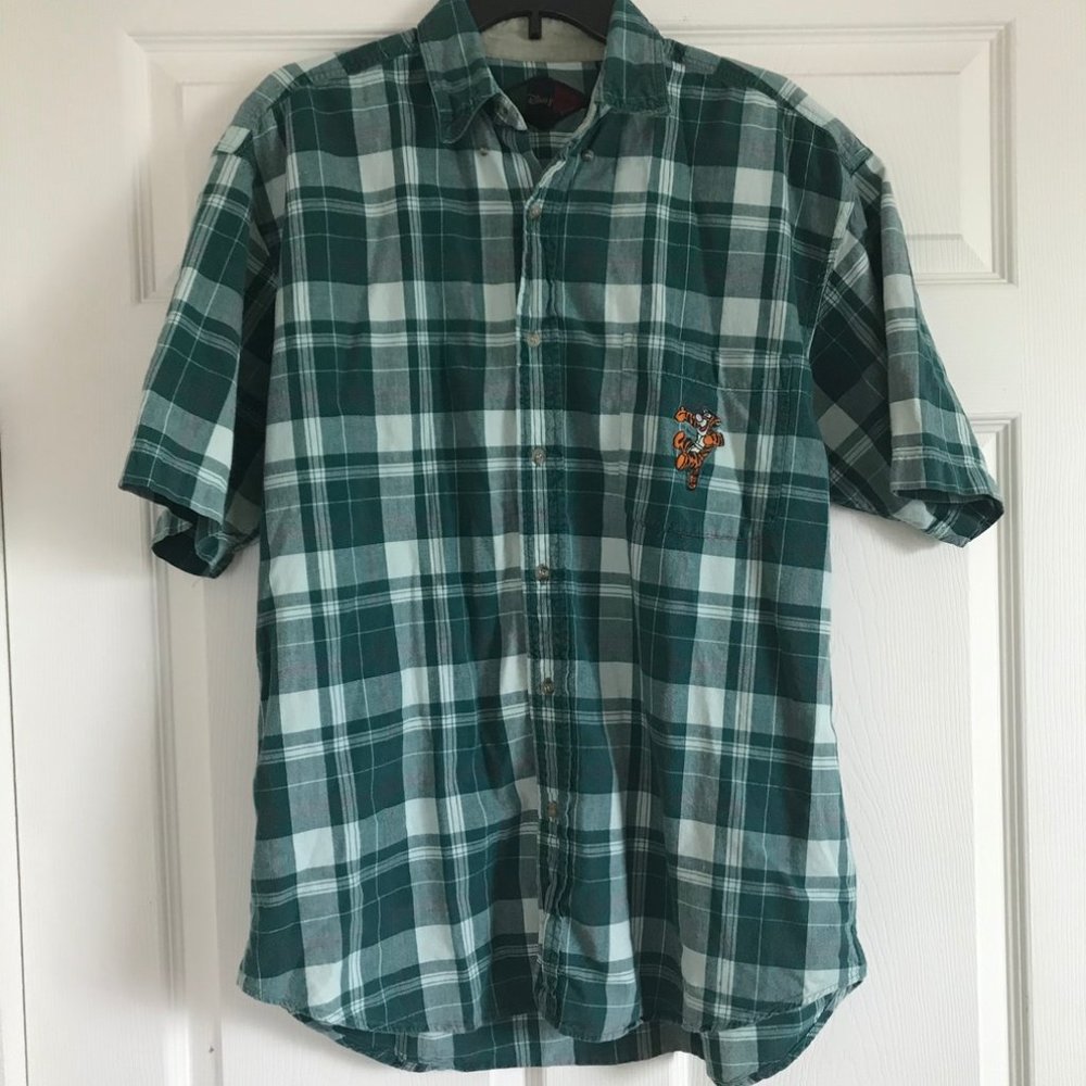Disney Tigger Green Plaid Rockabilly Short Sleeve Shirt Embroidered Size L